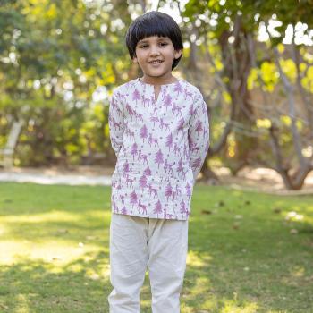 White and Pink Block Printed Short Kurta Set - Pinklay