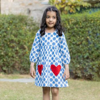 Blue and White Organic Cotton Pocket Dress for Girls - Pinklay