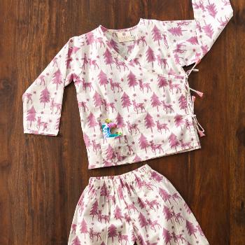 Purple & White Organic Cotton Baby Angrakha Set Hand Block Printed - Pinklay