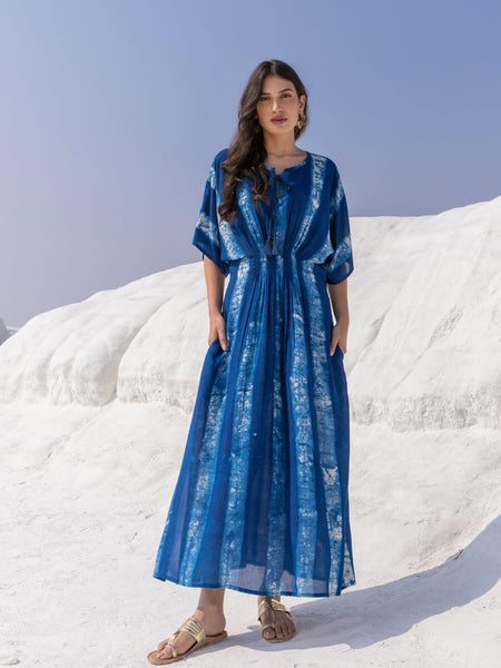 Jannat Women Dabu Printed Indigo Kaftan Maxi Dress– Pinklay