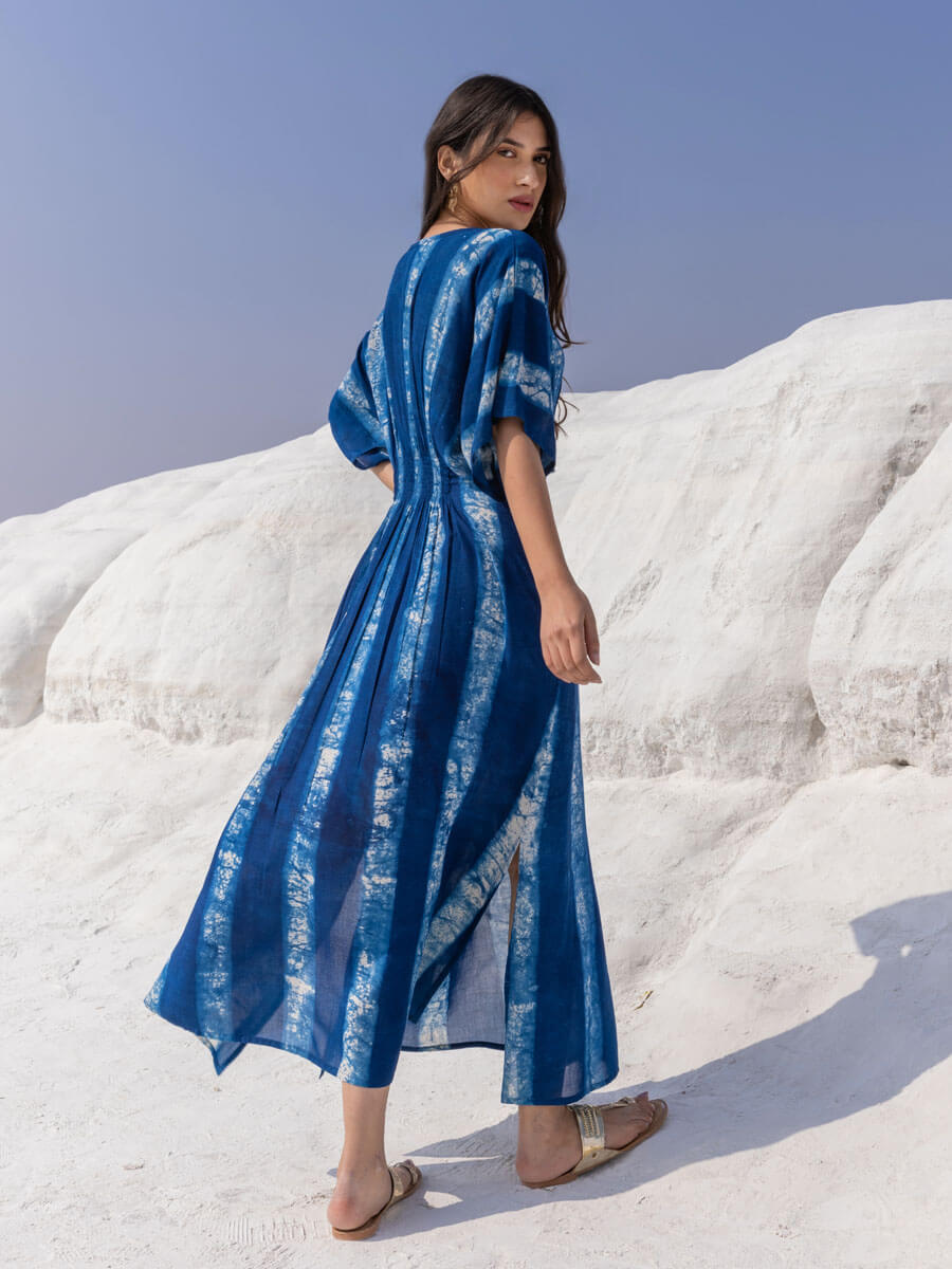 Jannat Women Dabu Printed Indigo Kaftan Maxi Dress – Pinklay