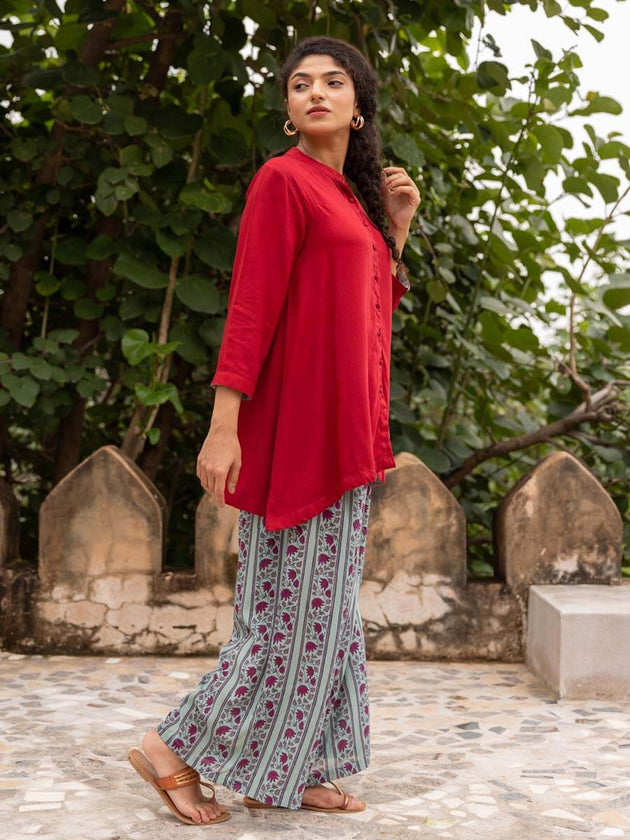 Red Organza Hand Embroidered tunic with pants set - Dheeru Taneja